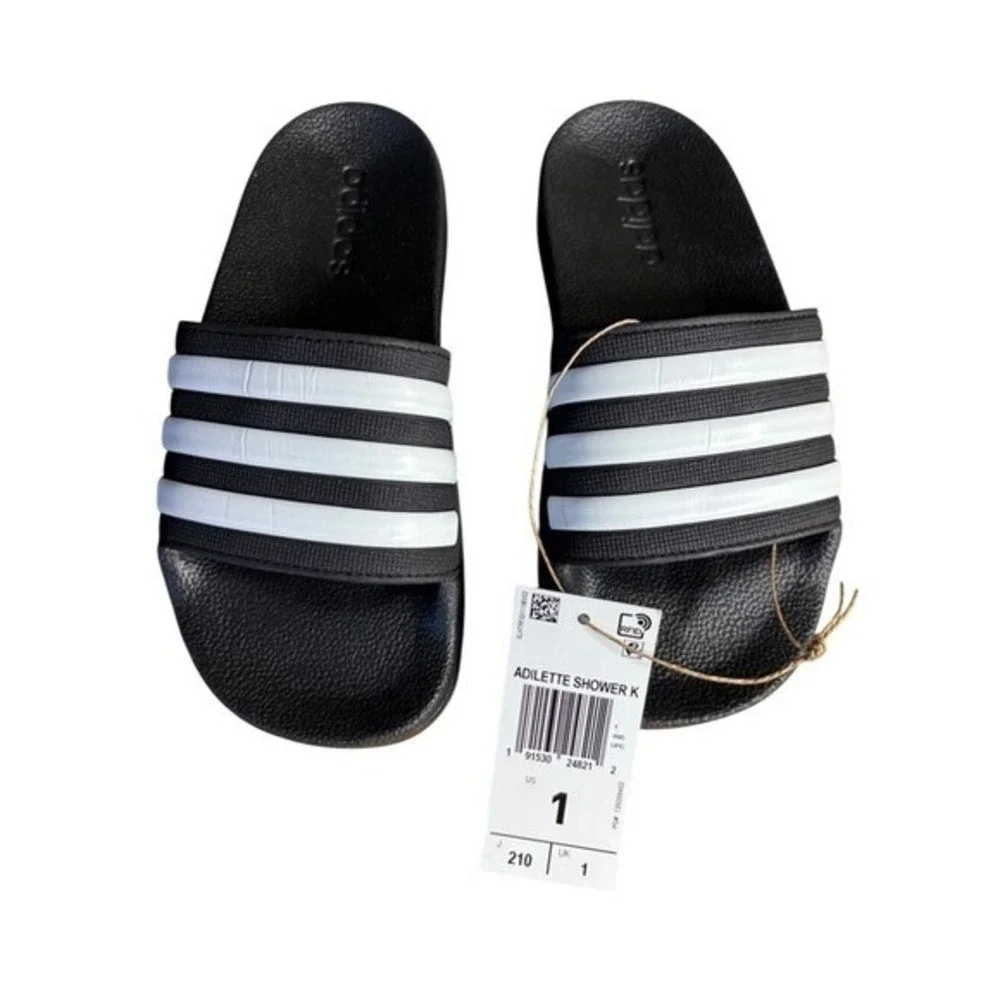 Adidas Kids Youth SZ 1 Adilette Shower Slides Black‎ White Summer Swim NEW
